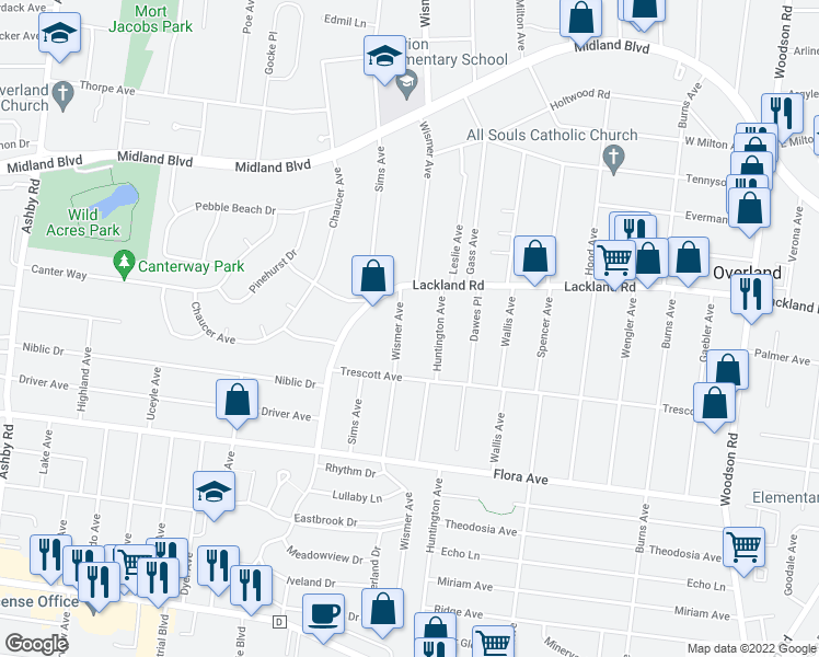 map of restaurants, bars, coffee shops, grocery stores, and more near 2324 Wismer Avenue in St. Louis