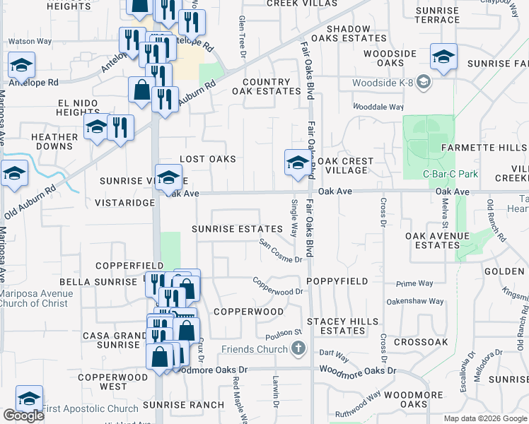 map of restaurants, bars, coffee shops, grocery stores, and more near 8048 Oak Avenue in Citrus Heights