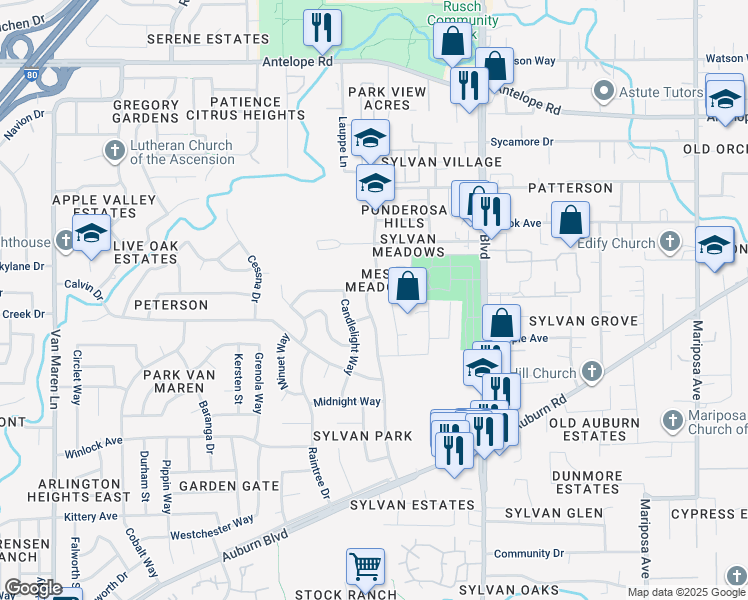 map of restaurants, bars, coffee shops, grocery stores, and more near 7330 Carriage Drive in Citrus Heights