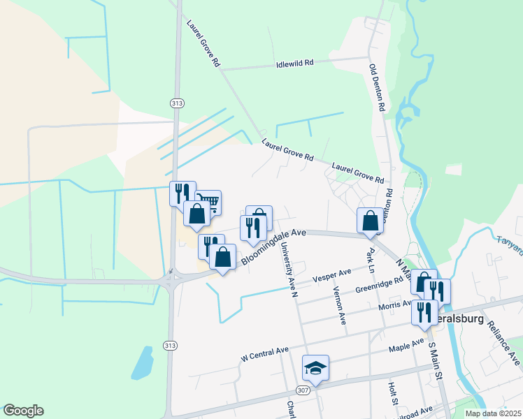map of restaurants, bars, coffee shops, grocery stores, and more near 5008 University Court in Federalsburg