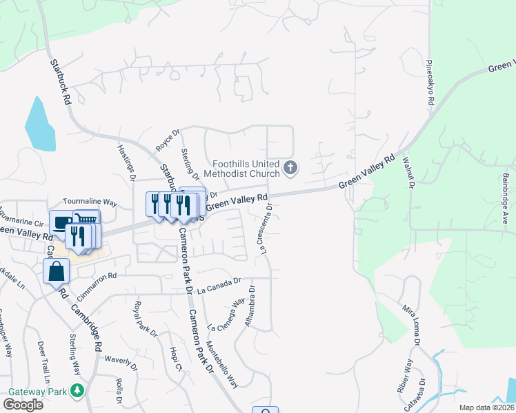 map of restaurants, bars, coffee shops, grocery stores, and more near 2641 La Crescenta Drive in Cameron Park