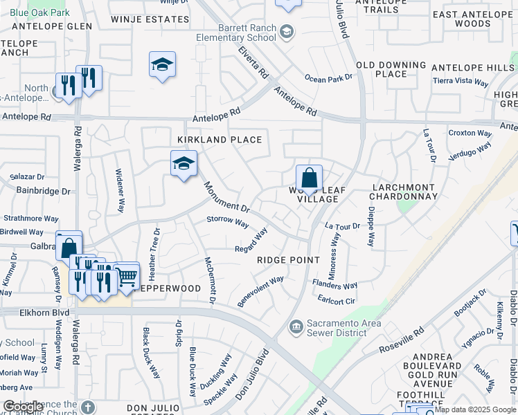 map of restaurants, bars, coffee shops, grocery stores, and more near 7333 Monogram Drive in Sacramento