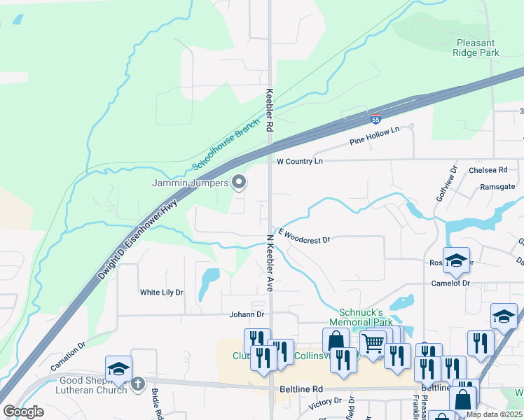 map of restaurants, bars, coffee shops, grocery stores, and more near 2125 North Keebler Avenue in Collinsville