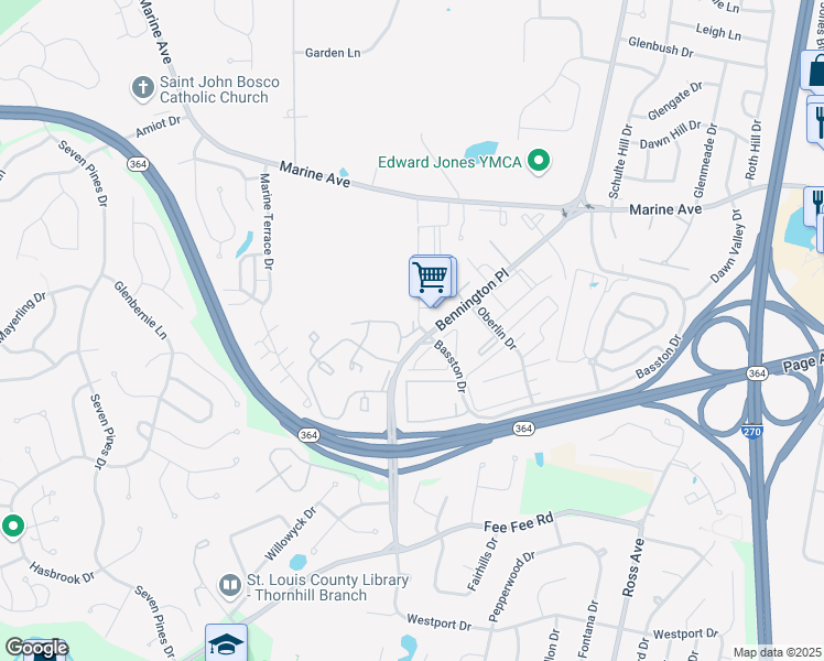 map of restaurants, bars, coffee shops, grocery stores, and more near 12541 Bennington Place in St. Louis