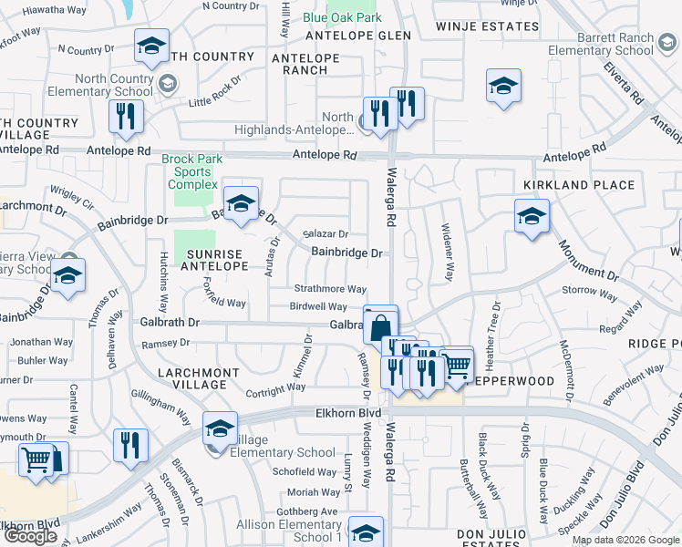 map of restaurants, bars, coffee shops, grocery stores, and more near 7294 Fair Play Drive in North Highlands