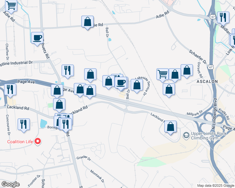 map of restaurants, bars, coffee shops, grocery stores, and more near 11626 Page Service Drive in St. Louis