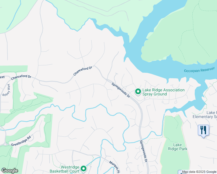 map of restaurants, bars, coffee shops, grocery stores, and more near 11705 Crest Maple Drive in Woodbridge