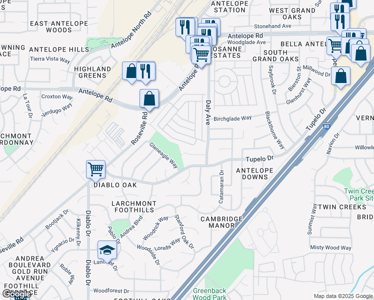 map of restaurants, bars, coffee shops, grocery stores, and more near 5873 Hobbs Lane in Sacramento
