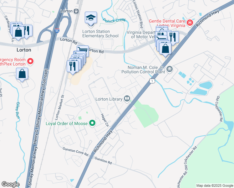 map of restaurants, bars, coffee shops, grocery stores, and more near 7823 Shepherd Hills Court in Lorton