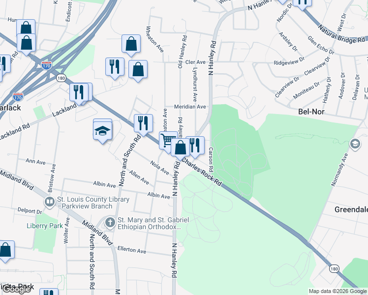 map of restaurants, bars, coffee shops, grocery stores, and more near 2719 Old Hanley Road in St. Louis