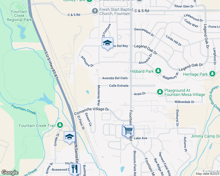 map of restaurants, bars, coffee shops, grocery stores, and more near 460 Calle Entrada in Fountain