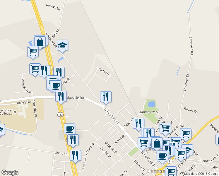 map of restaurants, bars, coffee shops, grocery stores, and more near 608 North Bedford Street in Georgetown