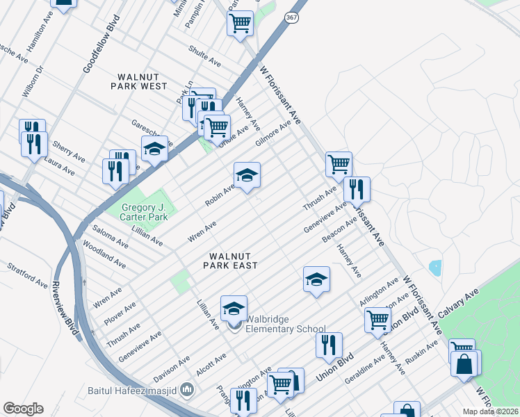 map of restaurants, bars, coffee shops, grocery stores, and more near 5422 Wren Avenue in St. Louis