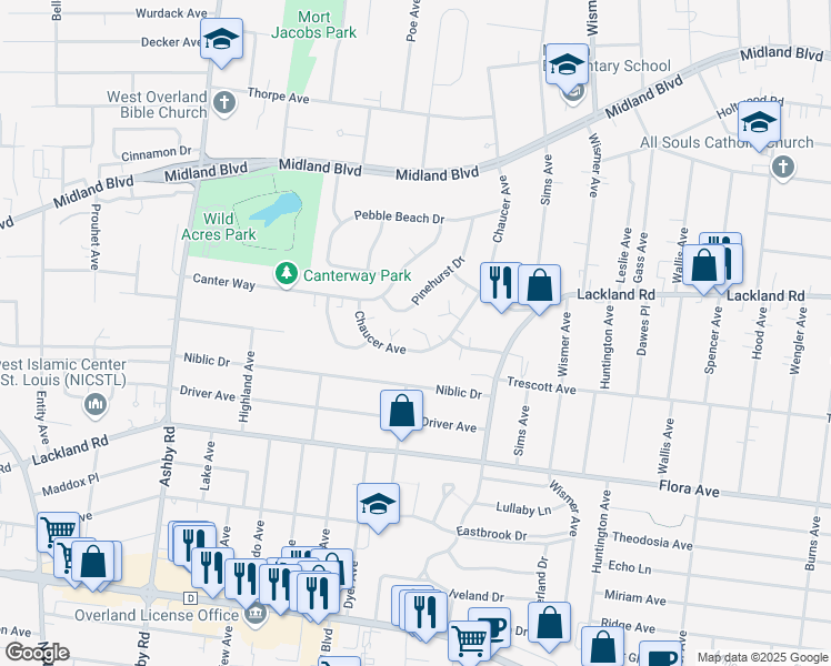 map of restaurants, bars, coffee shops, grocery stores, and more near 10136 Pinehurst Drive in St. Louis