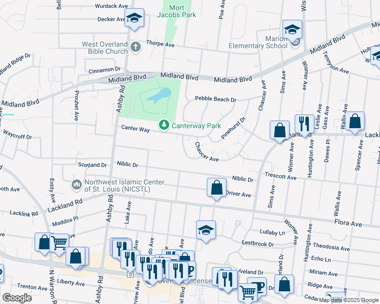 map of restaurants, bars, coffee shops, grocery stores, and more near 10246 Chaucer Avenue in Overland