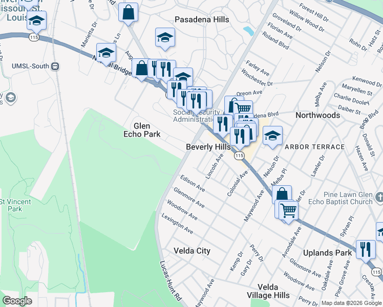 map of restaurants, bars, coffee shops, grocery stores, and more near 3450 Lucas and Hunt Road in St. Louis