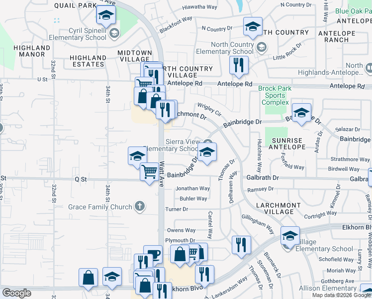 map of restaurants, bars, coffee shops, grocery stores, and more near 7322 Rutherford Way in North Highlands