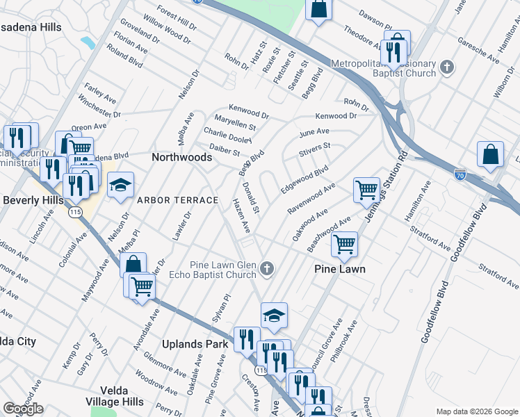 map of restaurants, bars, coffee shops, grocery stores, and more near 6618 Donald Street in St. Louis
