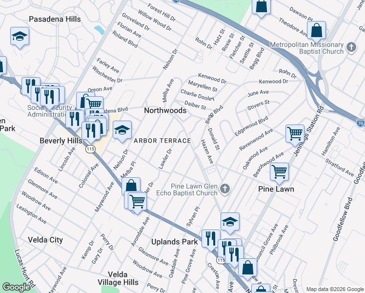 map of restaurants, bars, coffee shops, grocery stores, and more near 3834 Lawler Drive in St. Louis