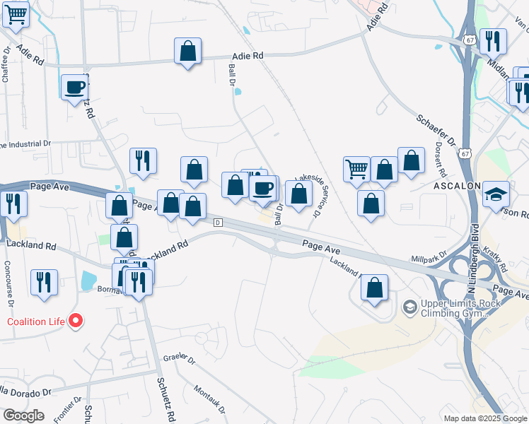 map of restaurants, bars, coffee shops, grocery stores, and more near 11538 Page Service Drive in St. Louis