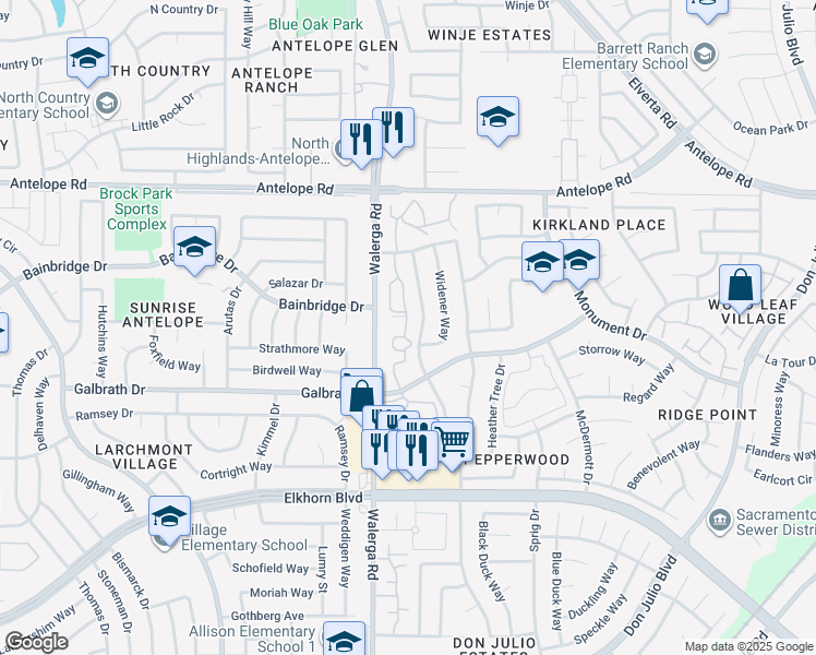 map of restaurants, bars, coffee shops, grocery stores, and more near 4339 Galbrath Drive in Sacramento