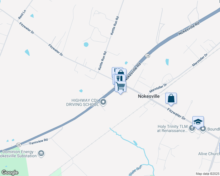 map of restaurants, bars, coffee shops, grocery stores, and more near 13106 Minute Lane in Nokesville