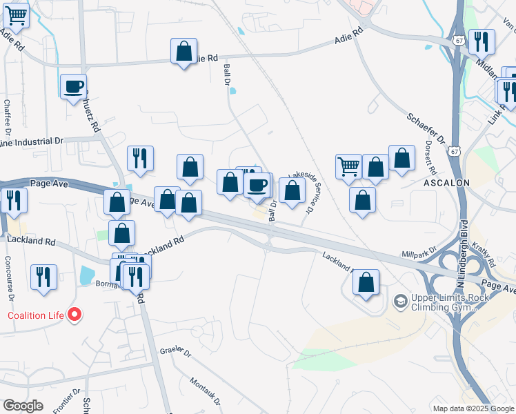 map of restaurants, bars, coffee shops, grocery stores, and more near 11626 Page Service Road in St. Louis