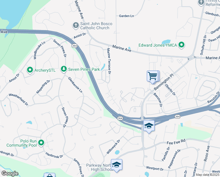 map of restaurants, bars, coffee shops, grocery stores, and more near 2004 Marine Terrace Drive in St. Louis