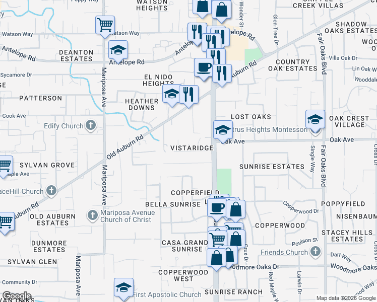 map of restaurants, bars, coffee shops, grocery stores, and more near Vistaridge Drive in Citrus Heights