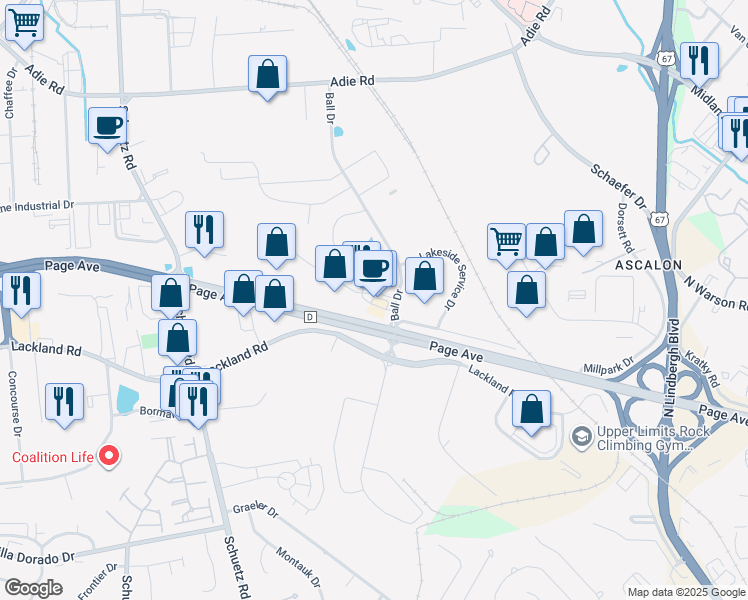 map of restaurants, bars, coffee shops, grocery stores, and more near 11538 Page Service Drive in St. Louis