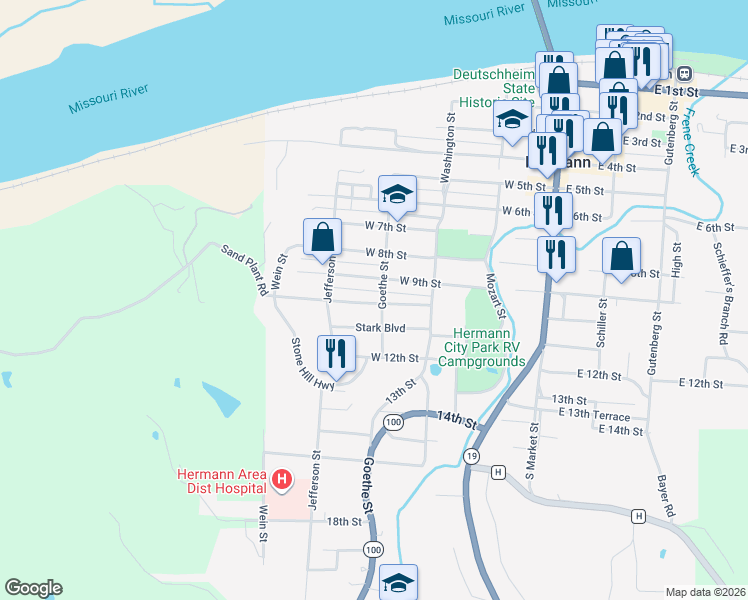 map of restaurants, bars, coffee shops, grocery stores, and more near 417 West 10th Street in Hermann