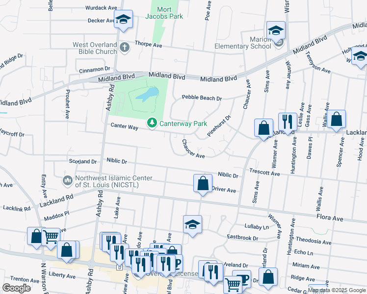 map of restaurants, bars, coffee shops, grocery stores, and more near 10246 Chaucer Avenue in Overland