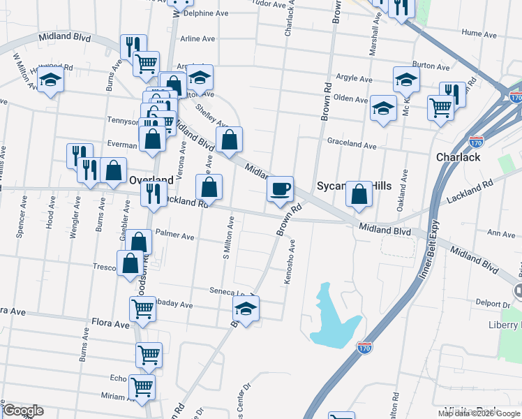 map of restaurants, bars, coffee shops, grocery stores, and more near 9003 Lackland Road in Overland