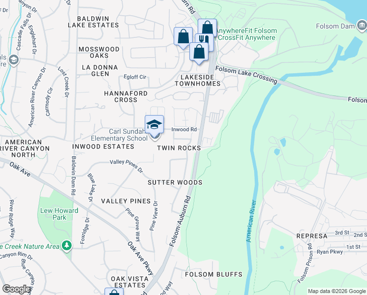 map of restaurants, bars, coffee shops, grocery stores, and more near 172 Berry Creek Drive in Folsom