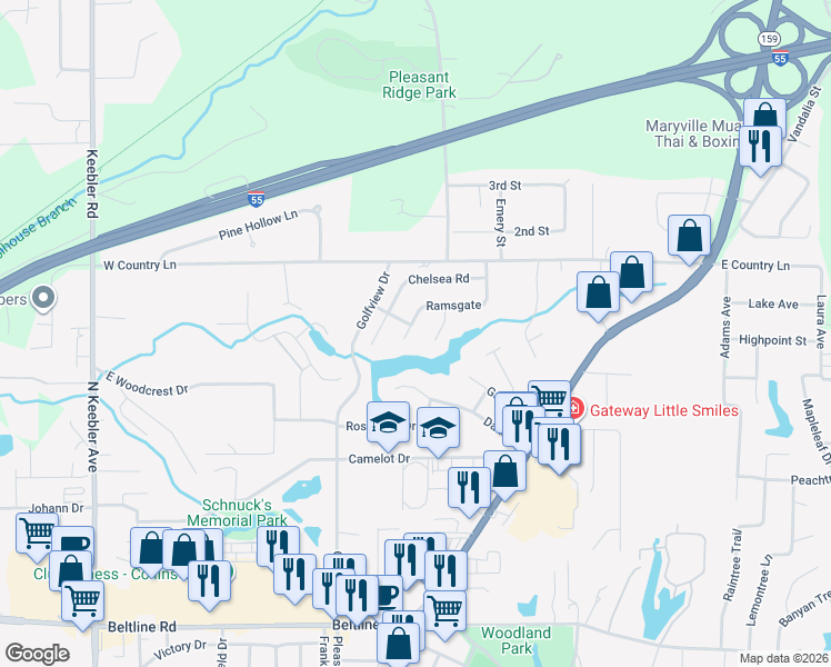 map of restaurants, bars, coffee shops, grocery stores, and more near 7 Ramsgate in Collinsville