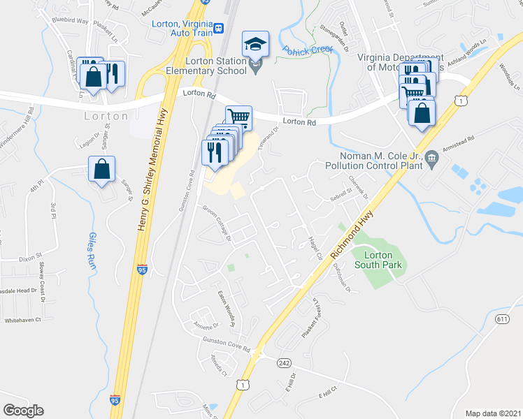 map of restaurants, bars, coffee shops, grocery stores, and more near 9761 Hagel Circle in Lorton