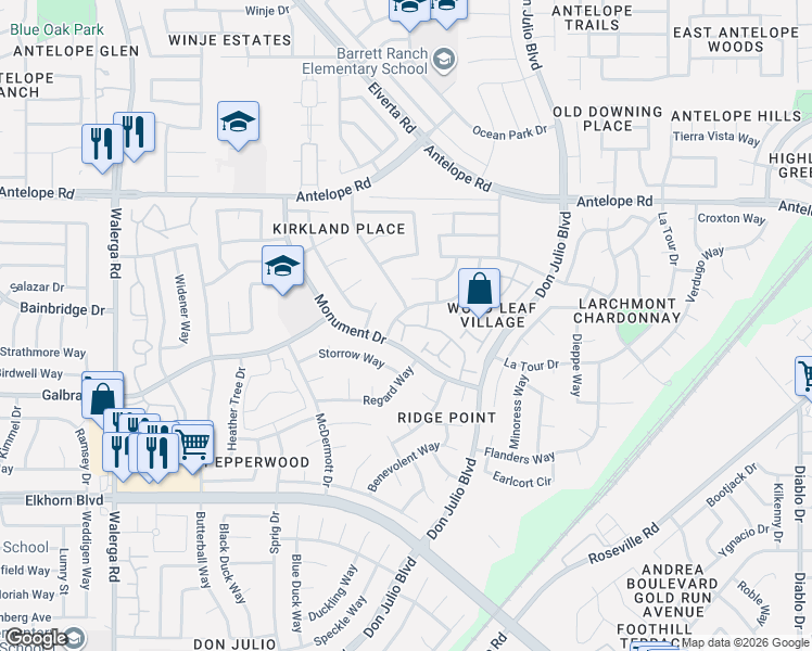 map of restaurants, bars, coffee shops, grocery stores, and more near 4801 Dover Lane in Sacramento