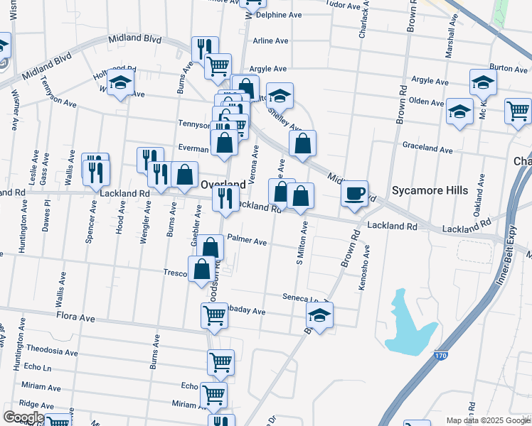map of restaurants, bars, coffee shops, grocery stores, and more near 9206 Lackland Road in Overland