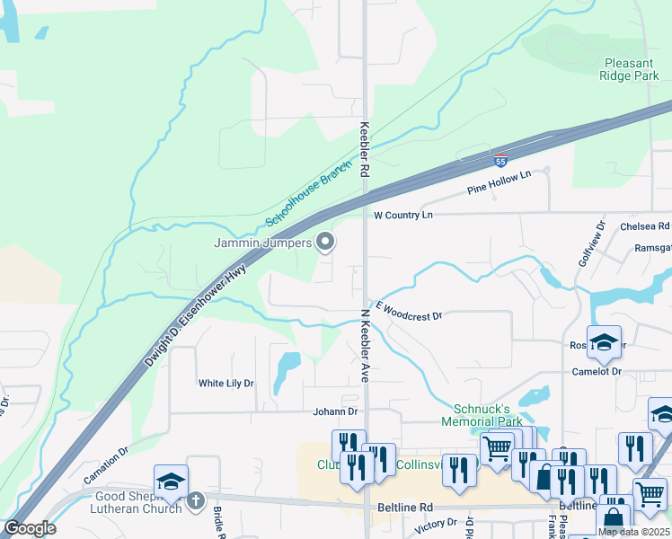 map of restaurants, bars, coffee shops, grocery stores, and more near 2125 North Keebler Avenue in Collinsville