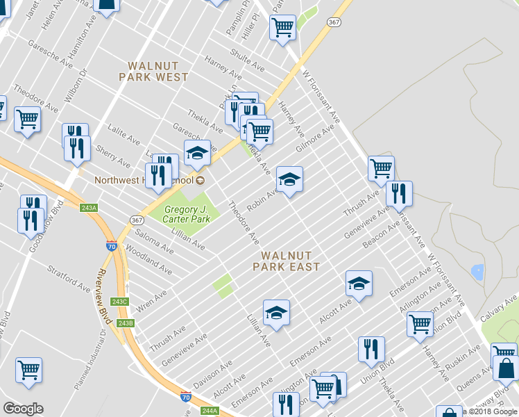 map of restaurants, bars, coffee shops, grocery stores, and more near 5234 Robin Avenue in St. Louis