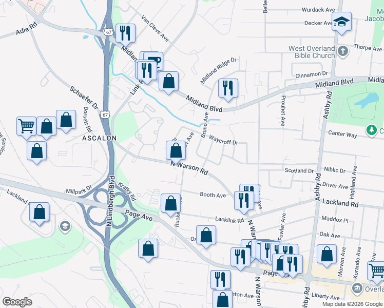 map of restaurants, bars, coffee shops, grocery stores, and more near 2315 Bruno Avenue in St. Louis