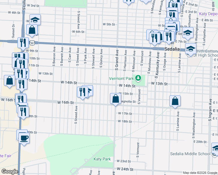map of restaurants, bars, coffee shops, grocery stores, and more near 1400 South Grand Avenue in Sedalia