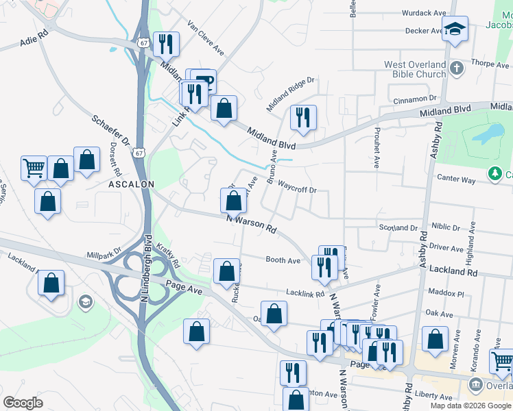 map of restaurants, bars, coffee shops, grocery stores, and more near 2315 Bruno Avenue in St. Louis