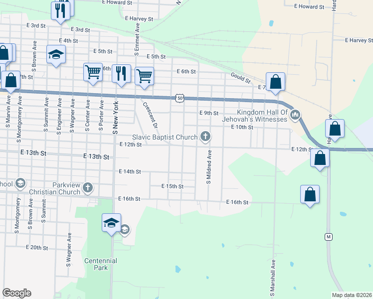 map of restaurants, bars, coffee shops, grocery stores, and more near 1922 East 12th Street in Sedalia