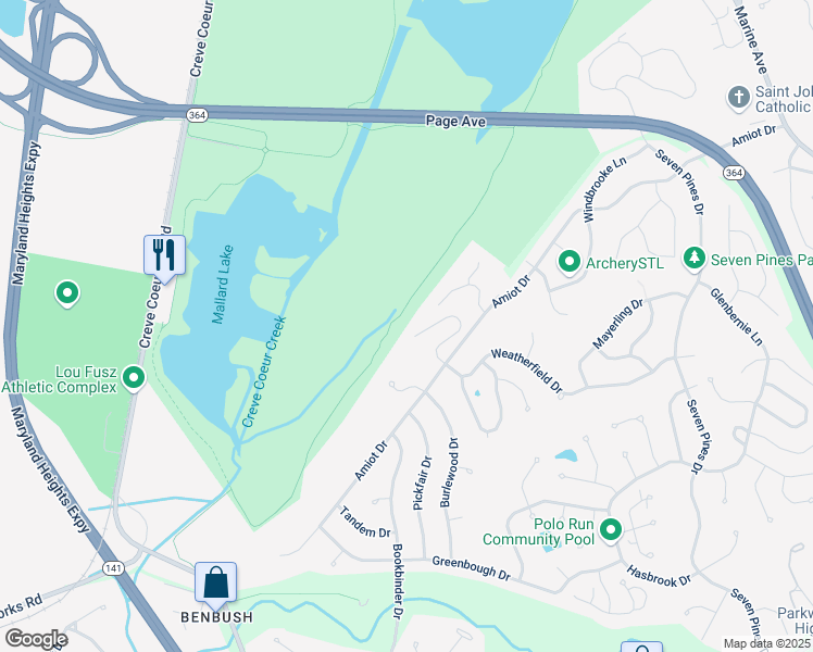map of restaurants, bars, coffee shops, grocery stores, and more near 13247 Weatherfield Drive in Saint Louis
