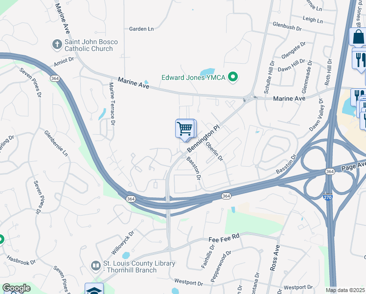 map of restaurants, bars, coffee shops, grocery stores, and more near 12541 Bennington Place in St. Louis
