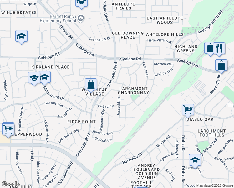 map of restaurants, bars, coffee shops, grocery stores, and more near 7329 Dieppe Way in Sacramento