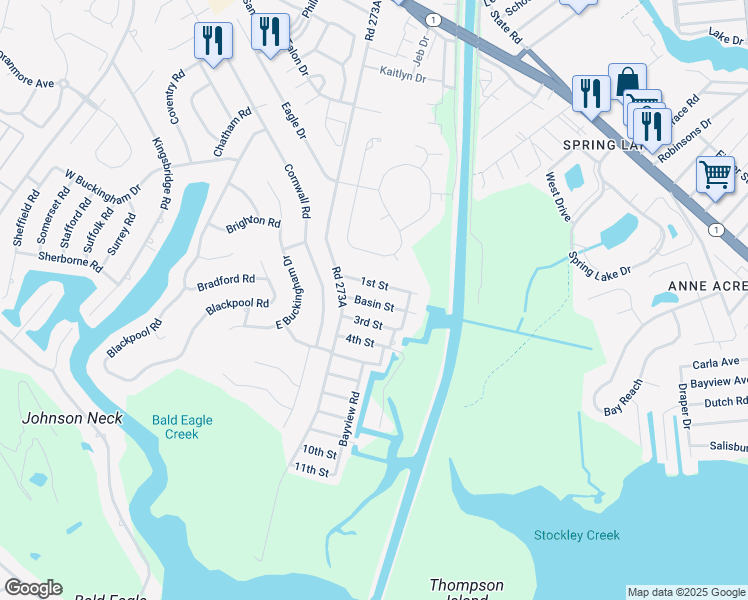 map of restaurants, bars, coffee shops, grocery stores, and more near 37433 Basin Street in Rehoboth Beach