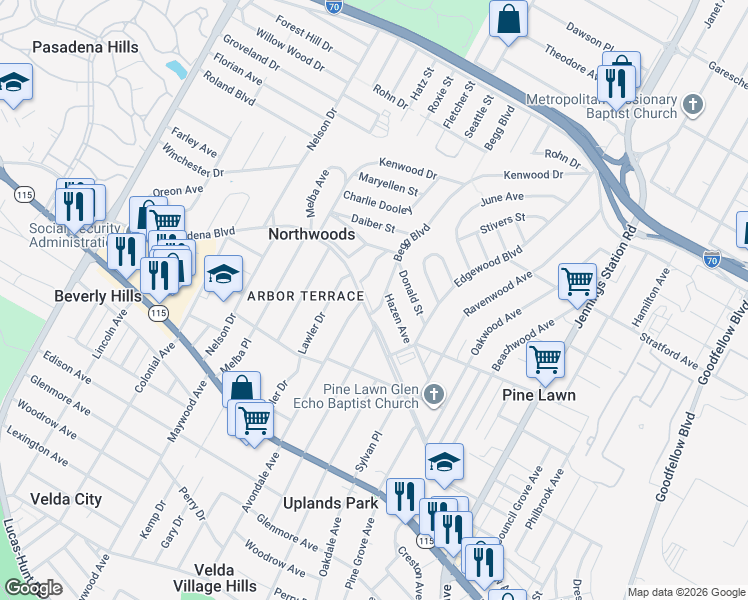 map of restaurants, bars, coffee shops, grocery stores, and more near 6801 Pasadena Boulevard in St. Louis