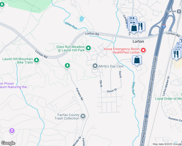 map of restaurants, bars, coffee shops, grocery stores, and more near 9416 Lakeland Fells Lane in Lorton